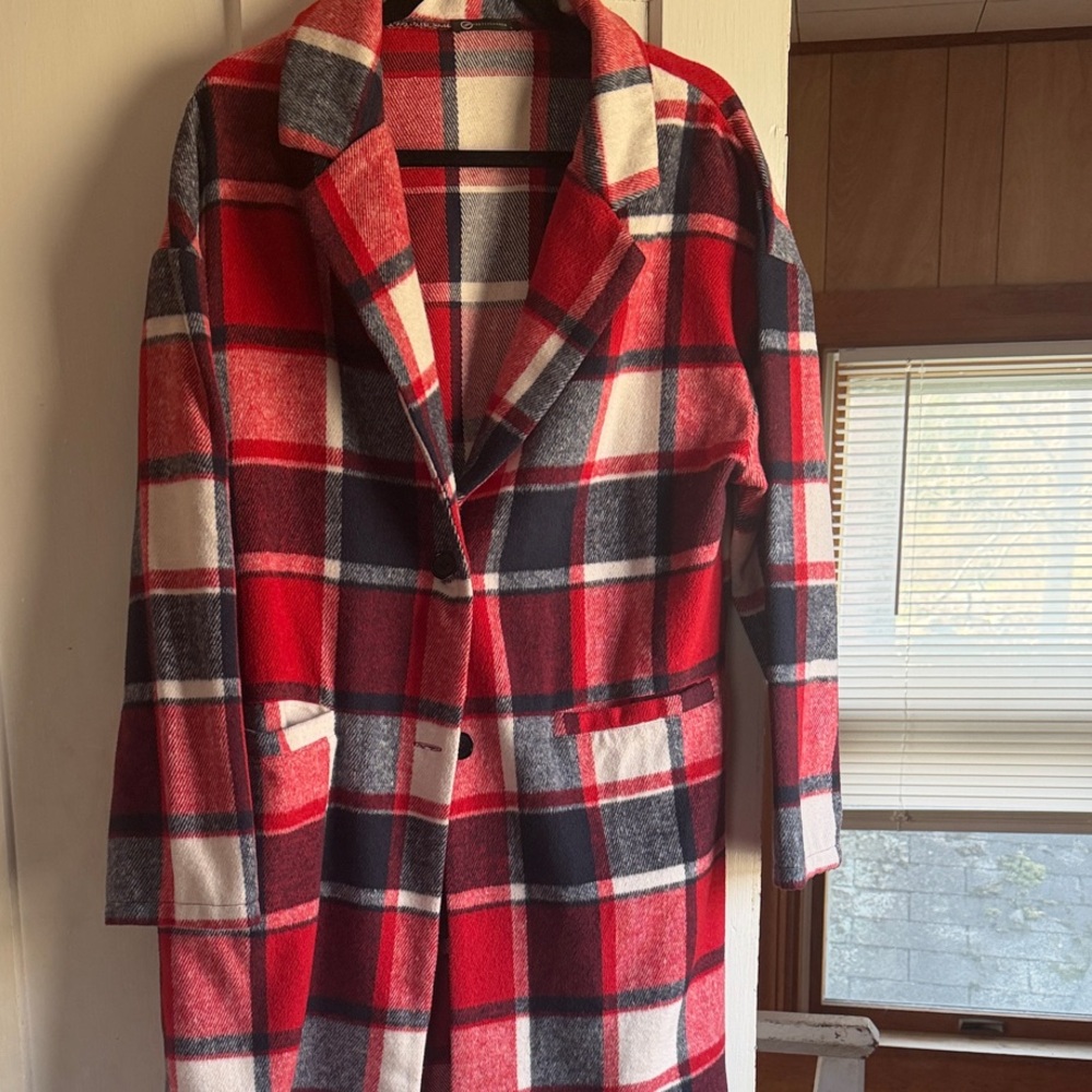 Red and Navy Plaid Long Pea Coat - Classic Plaid Outerwear